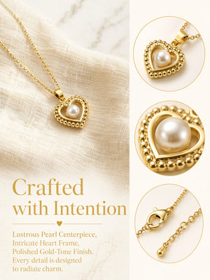 Vintage Heart Pearl 4-Piece Jewelry Set | 18K Gold Plated Necklace, Earrings, Bangle & Adjustable Ring, Hypoallergenic Stainless Steel Matching Set for Women
