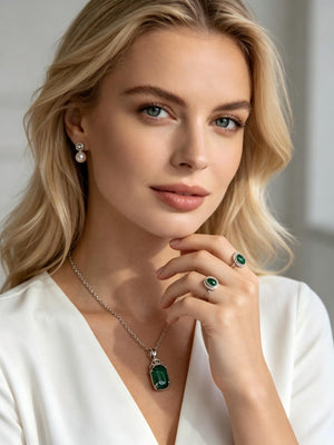 Vintage Emerald Pearl 4Pcs 316L Stainless Steel Jewelry Set
