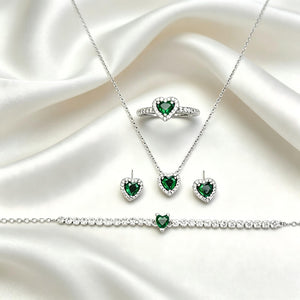 Heart Emerald Halo 4Pcs Matching Silver Jewelry Set