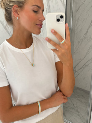 Vintage 14K Gold Plated Synthetic Turquoise Crystal Jewelry Set, Stackable Bangle, Open Ring & Cylinder Pendant Necklace for Women, Something Blue Bridal Vacation Accessories
