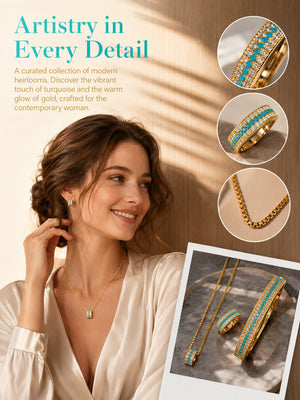 Vintage 14K Gold Plated Synthetic Turquoise Crystal Jewelry Set, Stackable Bangle, Open Ring & Cylinder Pendant Necklace for Women, Something Blue Bridal Vacation Accessories