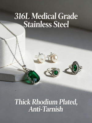 Vintage Emerald Pearl 4Pcs 316L Stainless Steel Jewelry Set