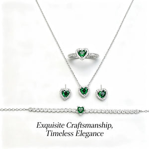 Heart Emerald Halo 4Pcs Matching Silver Jewelry Set