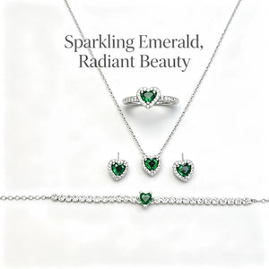 Heart Emerald Halo 4Pcs Matching Silver Jewelry Set