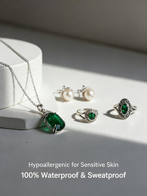 Vintage Emerald Pearl 4Pcs 316L Stainless Steel Jewelry Set