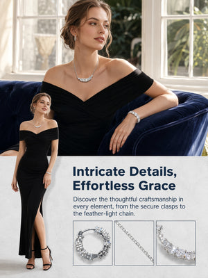 Silver Tone Cubic Zirconia 4-Piece Jewelry Set, Curved Smile Necklace, Tennis Bangle, Stackable Ring & Hoop Earrings, Formal Wedding Prom Evening Accessories for Women