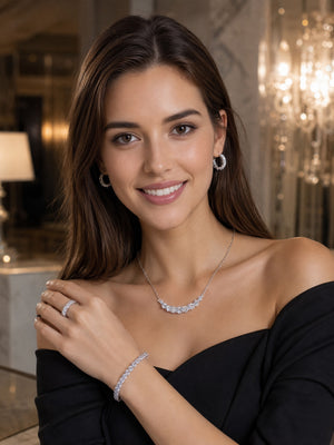 Silver Tone Cubic Zirconia 4-Piece Jewelry Set, Curved Smile Necklace, Tennis Bangle, Stackable Ring & Hoop Earrings, Formal Wedding Prom Evening Accessories for Women