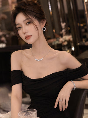 Silver Tone Cubic Zirconia 4-Piece Jewelry Set, Curved Smile Necklace, Tennis Bangle, Stackable Ring & Hoop Earrings, Formal Wedding Prom Evening Accessories for Women