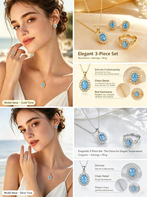 3-Piece Vintage Turquoise Jewelry Set for Women, Oval Cubic Zirconia Halo Design, 14K Gold Plated & Silver Tone, Necklace Earrings Adjustable Ring, Elegant Daily Party Gift for Her