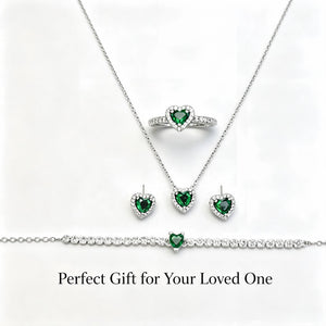 Heart Emerald Halo 4Pcs Matching Silver Jewelry Set