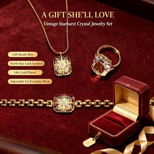 Retro Starburst Clear Square Crystal 3Pcs Jewelry Set – 14K Gold Plated North Star Necklace Adjustable Ring Chain Bracelet, Elegant Matching Jewelry For Daily & Party