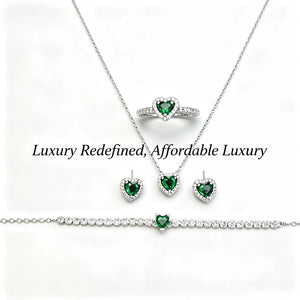 Heart Emerald Halo 4Pcs Matching Silver Jewelry Set