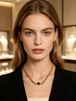 European and American style 14k gold plated necklace and bracelet set, versatile, light luxury polished chain, high-end emerald bracelet