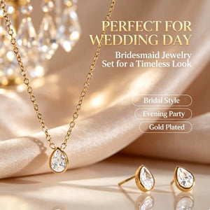 Dainty Teardrop CZ Necklace & Stud Earrings Set 14K Gold Plated Minimal Jewelry For Daily & Wedding