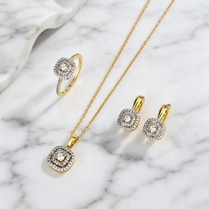 18K Gold Plated Double Halo Square CZ Jewelry Set | Necklace, Earrings & Ring