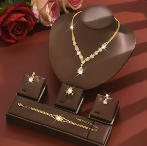 Teardrop Cubic Zirconia Bridal Jewelry Set 5Pcs Wedding Necklace Earrings Ring Bracelet for Bride Prom Party