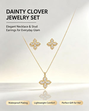 14K Gold Plated Four Leaf Clover CZ Jewelry Set Dainty Sparkling Crystal Pendant Necklace Matching Stud Earrings Luxury Women Wedding Daily Stackable Jewelry Gift For Her