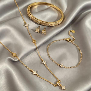 18K Gold Plated Clover CZ 4-Piece Jewelry Set | Waterproof Hypoallergenic Surgical Steel