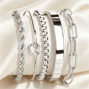 Stainless Steel 5 Pieces Layering Bracelet Set, Twisted Rope, Knot, Bead & Paperclip Chain Stackable Bangles, 18K Gold Plated Waterproof Jewelry Gift for Her