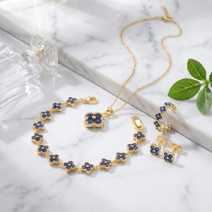 18K Gold Plated Four Leaf Clover Jewelry Set for Women, Sapphire Blue Cubic Zirconia Lucky Clover Necklace Bracelet Earrings Set, Tarnish Resistant Daily Party Jewelry Gift