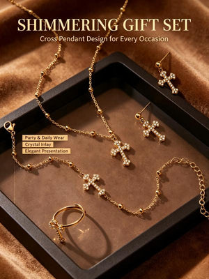 Diamond Cross Jewelry Set, 18K Gold Plated Stainless Steel Cross Necklace Bracelet Earrings Ring Stackable Christian Jewelry Gift for Women