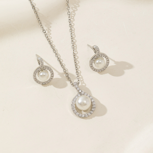 Elegant Round Pearl Zircon Jewelry Set, Silver Matching Necklace & Earrings for Wedding Party