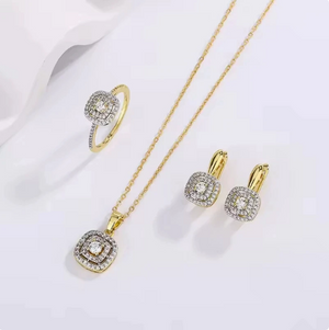 18K Gold Plated Double Halo Square CZ Jewelry Set | Necklace, Earrings & Ring