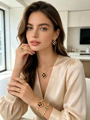 14K Gold Plated Tiger Eye Four Leaf Clover Jewelry Set Rhinestone Inlay Matching Necklace Bracelet Stud Earrings Hoop Ring Luxury Vintage Floral Jewellery Gift Set for Women Wedding Party Daily Wear