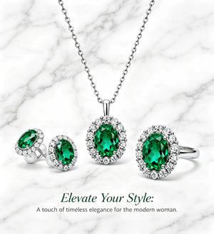 Old Money Style Emerald Halo Necklace Earrings Ring Jewelry Kit