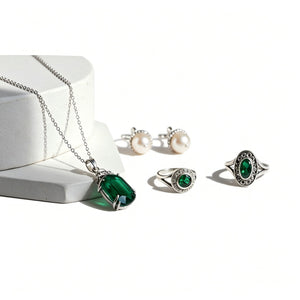 Vintage Emerald Pearl 4Pcs 316L Stainless Steel Jewelry Set