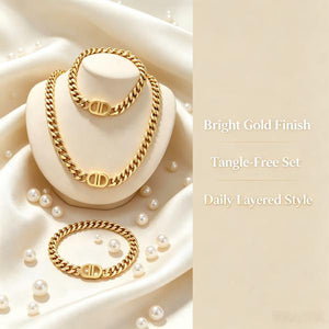 2 Piece Cuban Link Necklace Bracelet Set with Double D Clasp, 14K Gold Plated Stainless Steel Hypoallergenic Matching Jewelry Set for Women