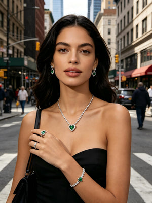 Heart Emerald Halo 4Pcs Matching Silver Jewelry Set