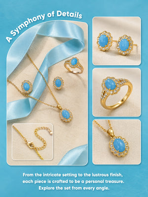 3-Piece Vintage Turquoise Jewelry Set for Women, Oval Cubic Zirconia Halo Design, 14K Gold Plated & Silver Tone, Necklace Earrings Adjustable Ring, Elegant Daily Party Gift for Her