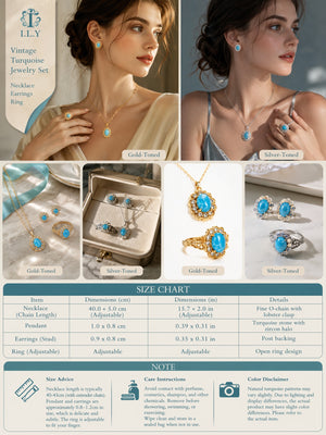 3-Piece Vintage Turquoise Jewelry Set for Women, Oval Cubic Zirconia Halo Design, 14K Gold Plated & Silver Tone, Necklace Earrings Adjustable Ring, Elegant Daily Party Gift for Her