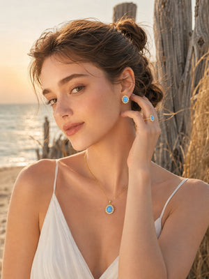 3-Piece Vintage Turquoise Jewelry Set for Women, Oval Cubic Zirconia Halo Design, 14K Gold Plated & Silver Tone, Necklace Earrings Adjustable Ring, Elegant Daily Party Gift for Her