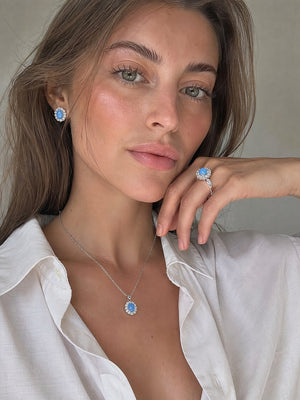 3-Piece Vintage Turquoise Jewelry Set for Women, Oval Cubic Zirconia Halo Design, 14K Gold Plated & Silver Tone, Necklace Earrings Adjustable Ring, Elegant Daily Party Gift for Her