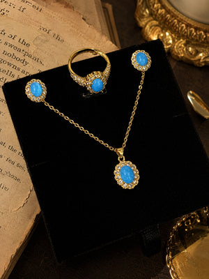 3-Piece Vintage Turquoise Jewelry Set for Women, Oval Cubic Zirconia Halo Design, 14K Gold Plated & Silver Tone, Necklace Earrings Adjustable Ring, Elegant Daily Party Gift for Her