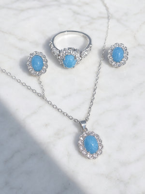 3-Piece Vintage Turquoise Jewelry Set for Women, Oval Cubic Zirconia Halo Design, 14K Gold Plated & Silver Tone, Necklace Earrings Adjustable Ring, Elegant Daily Party Gift for Her