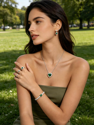 Heart Emerald Halo 4Pcs Matching Silver Jewelry Set