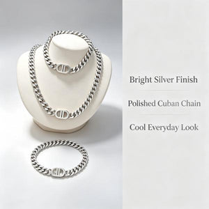 2 Piece Cuban Link Necklace Bracelet Set with Double D Clasp, 14K Gold Plated Stainless Steel Hypoallergenic Matching Jewelry Set for Women