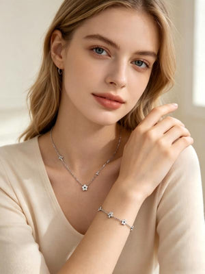 Dainty Four-Petal Flower & Cube Jewelry Set, 316L Stainless Steel PVD 18K Gold Plated Matching Necklace & Bracelet, Minimalist Layering Jewelry for Women, Available in Gold & Silver Tone