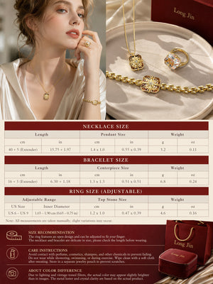 Retro Starburst Clear Square Crystal 3Pcs Jewelry Set – 14K Gold Plated North Star Necklace Adjustable Ring Chain Bracelet, Elegant Matching Jewelry For Daily & Party
