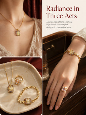 Retro Starburst Clear Square Crystal 3Pcs Jewelry Set – 14K Gold Plated North Star Necklace Adjustable Ring Chain Bracelet, Elegant Matching Jewelry For Daily & Party