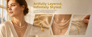 3 Layered Pearl Stacked Necklace with Mini Fork Charm, 14K Gold Plated Snake Tennis Chain Multi Strand Adjustable Layer Necklace for Women