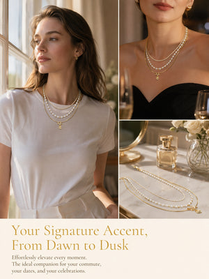 3 Layered Pearl Stacked Necklace with Mini Fork Charm, 14K Gold Plated Snake Tennis Chain Multi Strand Adjustable Layer Necklace for Women