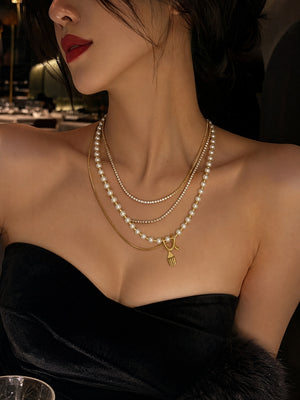 3 Layered Pearl Stacked Necklace with Mini Fork Charm, 14K Gold Plated Snake Tennis Chain Multi Strand Adjustable Layer Necklace for Women
