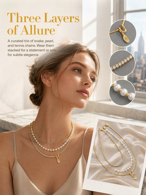 3 Layered Pearl Stacked Necklace with Mini Fork Charm, 14K Gold Plated Snake Tennis Chain Multi Strand Adjustable Layer Necklace for Women