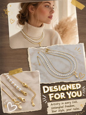 3 Layered Pearl Stacked Necklace with Mini Fork Charm, 14K Gold Plated Snake Tennis Chain Multi Strand Adjustable Layer Necklace for Women