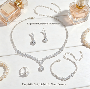 4-Piece Teardrop Cubic Zirconia Bridal Jewelry Set | Silver Tone Wedding Prom Formal Accessories