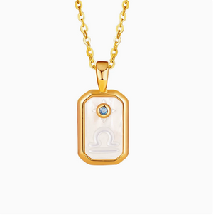 S925 Sterling Silver Gold-Plated Twelve Constellation Mother-of-Pearl Necklace | Dainty Zodiac Pendant with Blue Zircon